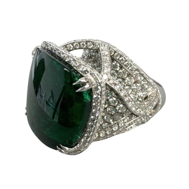 Contemporary 13.02 CTW Brazilian Emerald and Diamond Cocktail Ring in 18k White Gold, Size 6 For Sale - Image 3 of 12