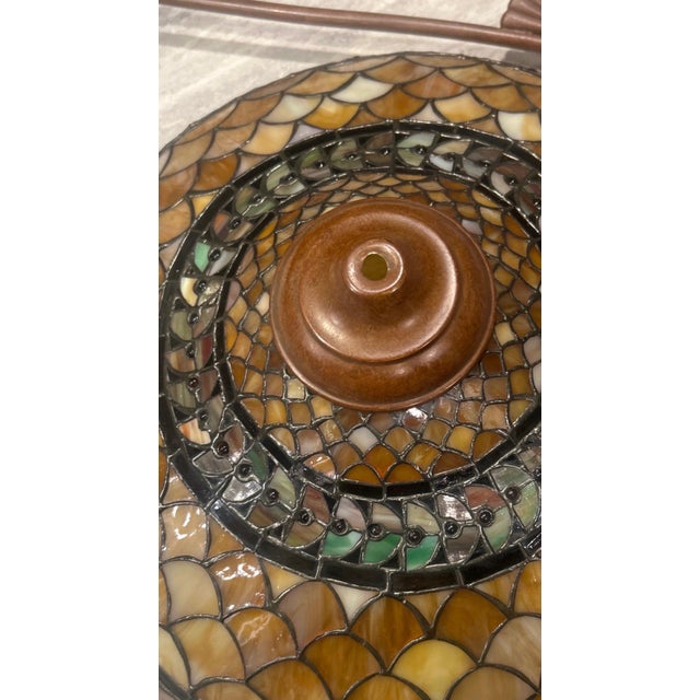 Gold Vintage Rarer Large 20” Quoizel “Inglenook”: Tiffany-Style Inverted Bowl Chandelier For Sale - Image 8 of 9