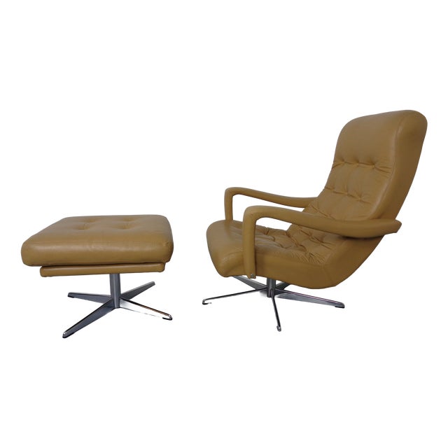 Set of Leather Swivel Easy Chair and Ottoman, Switzerland, 1960s For Sale