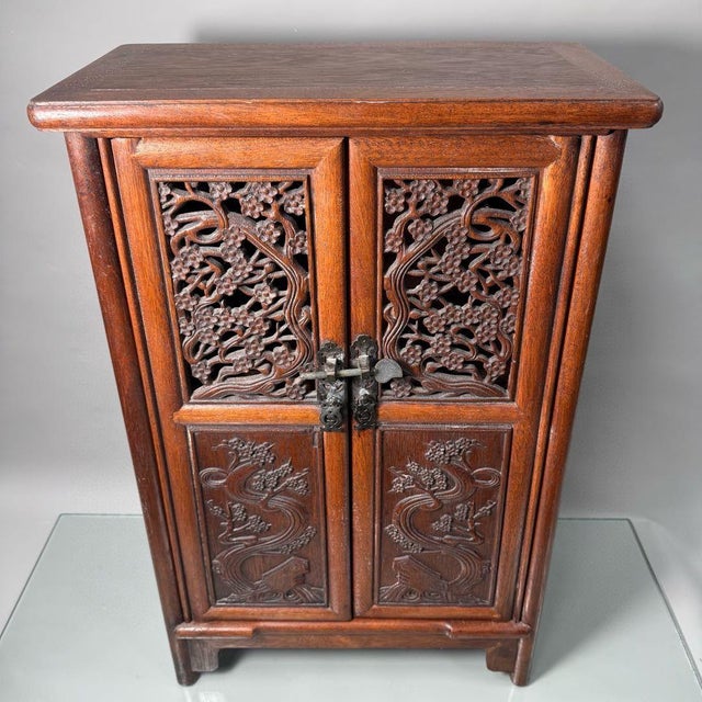 1990s Carved Hardwood Two-Door Cabinet With Plum Blossom Motifs For Sale In Los Angeles - Image 6 of 9