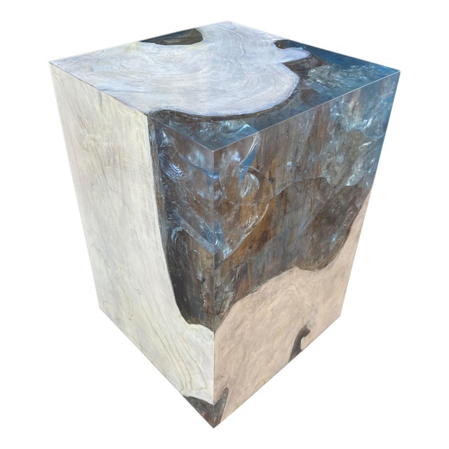 Andrianna Shamaris Aqua Resin and Teak Wood Side Table For Sale