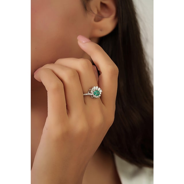 Not Yet Made - Made To Order Vintage-Inspired Natural Emerald Diamond Sunburst Halo Ring in 18k Gold Size 4 For Sale - Image 5 of 16