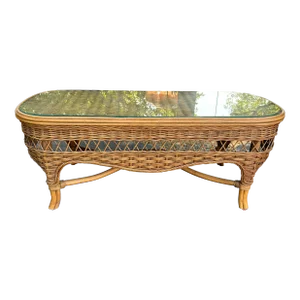1960s Boho Chic French Coastal Wicker and Rattan Scalloped Edges Coffee Table With Glass