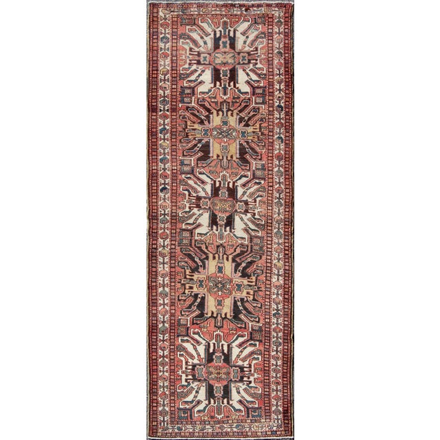 Blush Multicolored Antique Persian Karajeh Runner With Vertical Geometric Tribal Medallions For Sale - Image 8 of 8