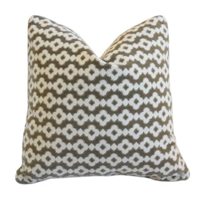Textile Designer Modern Abstract Taupe & White Velvet Feather/Down Pillow For Sale - Image 7 of 8