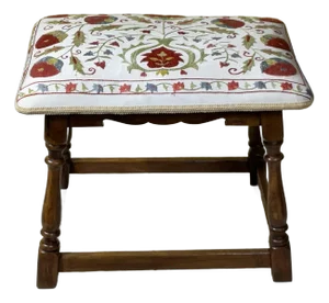 One of a Kind Exquisite Vintage Hand-Carved Sitting Stool With Authentic Suzani Embroidery
