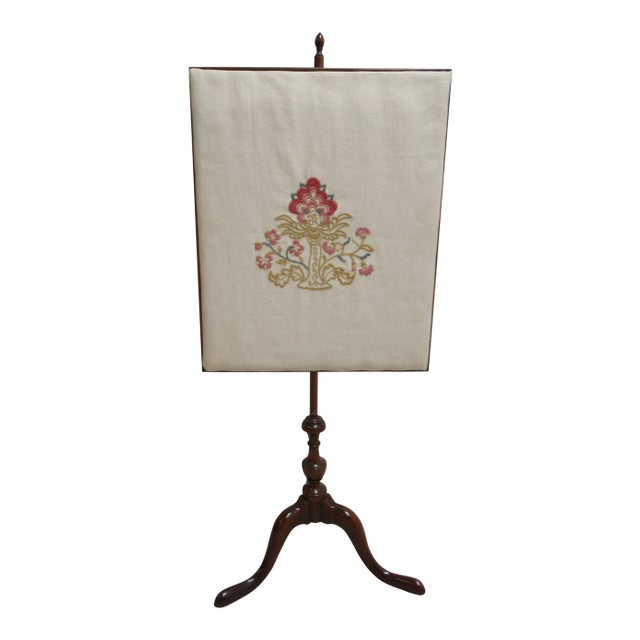 Vintage Mahogany Crewel Work Stitch Fire Screen Fireplace Tools For Sale