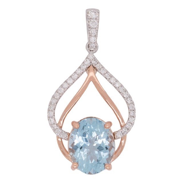 2.9Ct Aquamarine Pendant With Natural Diamond Accents: Solid 14k Gold, 11x9m For Sale