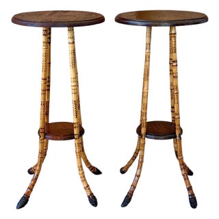 Pair of Victorian Scorched Bamboo Plant Stands With Bamboo Root Feet For Sale