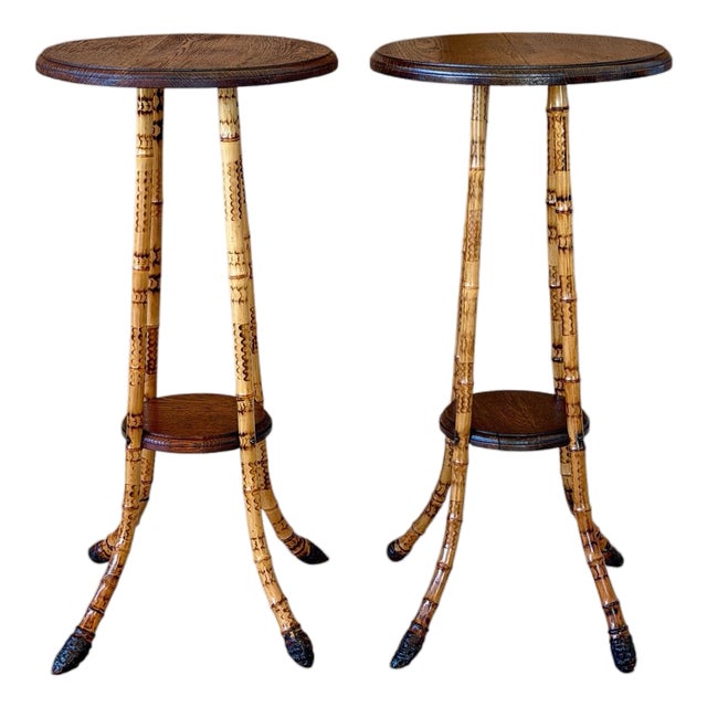 Pair of Victorian Scorched Bamboo Plant Stands With Bamboo Root Feet For Sale