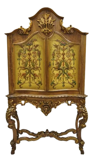 French Rococo Carved Walnut Hand Painted Louis XV Style Blind China Cabinet Bar