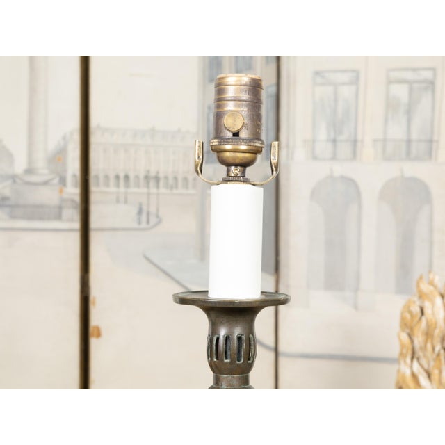 Pair of Asian Mid-Century Bronze Table Lamps with Openwork Decor and LuciteBases For Sale In Atlanta - Image 6 of 9
