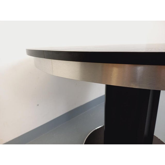 Vintage Round Dining Table in Black Wood-Effect Melamine and Chrome Metal, Space Age/1970s Style, with Integrated Extension For Sale - Image 10 of 18
