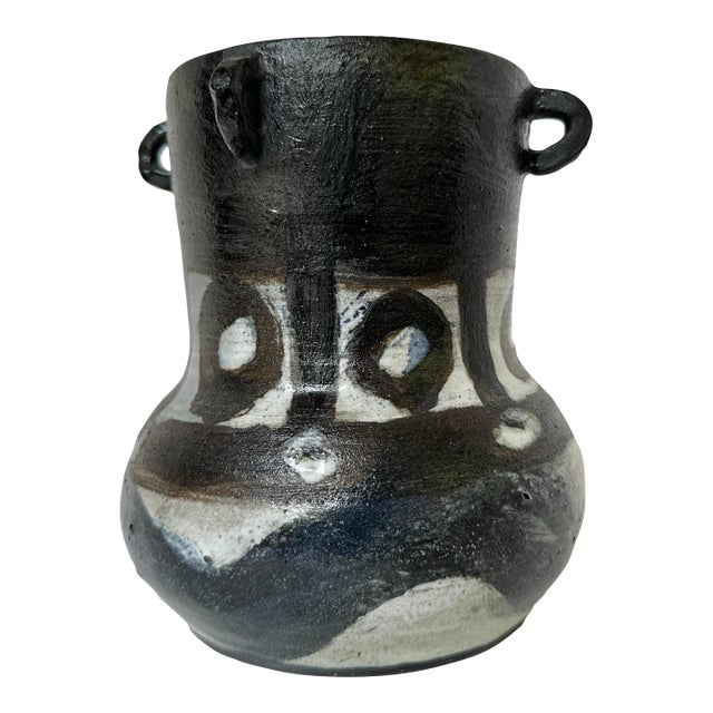 Late 20th Century Primitive Black Ceramic Vase With Abstract Markings For Sale
