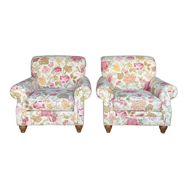 Clayton Marcus English Roll-Arm Club Chairs, Pair – Floral Botanical Chintz Upholstered Lounge Chairs For Sale - Image 15 of 16