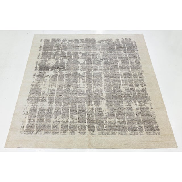 Gray 12 X 15 Contemporary Abstract Grid Wool Area Rug – Neutral Slate & Cream For Sale - Image 8 of 10