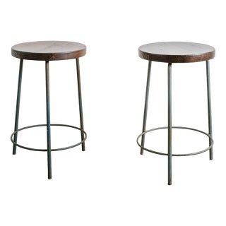 Mid-Century French Wooden and Iron Bar High Stools from Pierre Jeanneret, 1950s, Set of 2 For Sale
