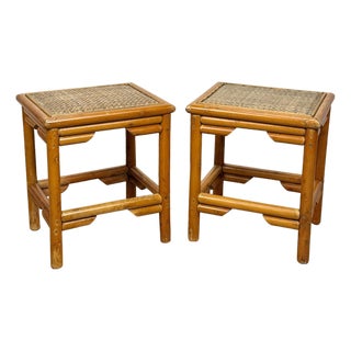 Vintage 1970s Coastal Rattan End Table Stands W/ Wicker Tops - A Pair For Sale