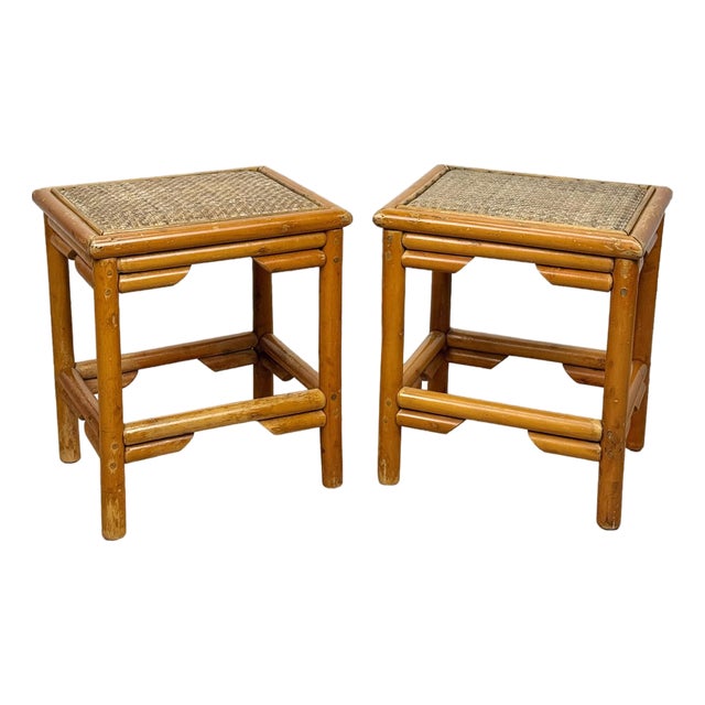 Vintage 1970s Coastal Rattan End Table Stands W/ Wicker Tops - A Pair For Sale