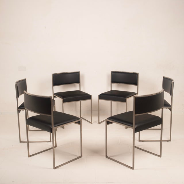 Italian SQ Dining Chairs in Brushed Steel and Black Vegan-Leather, 1970s, Set of 6 For Sale - Image 13 of 18
