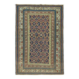 Tribal Navy Blue Antique Kuba Caucasian Handwoven Early 20th Century Rug - 3'2" x 4'7" For Sale