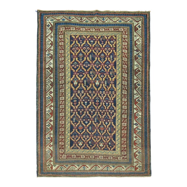 Tribal Navy Blue Antique Kuba Caucasian Handwoven Early 20th Century Rug - 3'2" x 4'7" For Sale