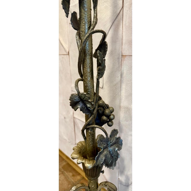 Vintage Sculptural Wrought Iron Two-Light Floor Lamp, Torchère With Grape Vine Entwined Column, Circa 1950s For Sale - Image 4 of 12