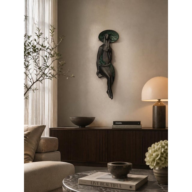 Ceramic Mid-Century Ceramic Wall Sculpture "Woman With Umbrella" by Jitka Forejtová for Keramo Kostelec – Czechoslovakia, 1960s (Brussels Style) For Sale - Image 7 of 12
