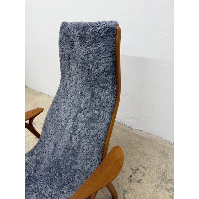 Sky Blue Yngve Ekström Lamino Teak Wood Frame Armchair With Sheepskin Fabric for Swedese For Sale - Image 8 of 16