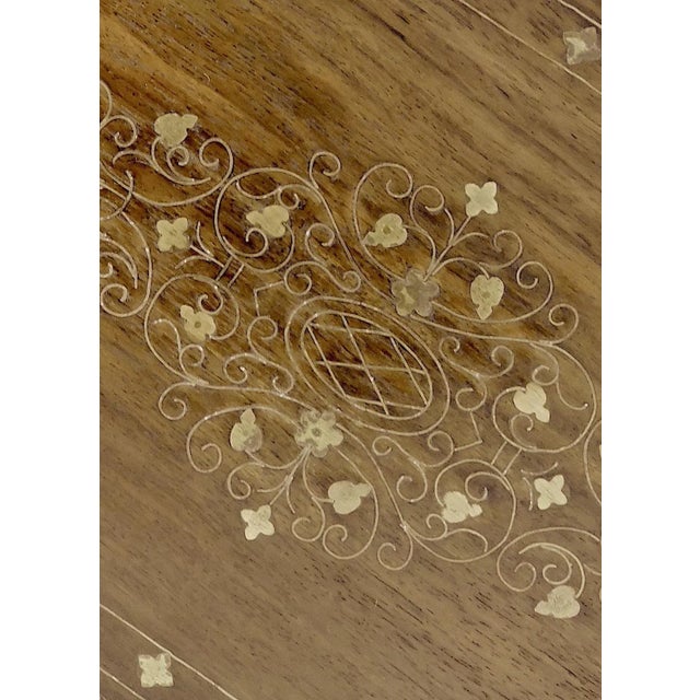 Traditional Inlaid Solid Teak Side / End, Drinks Tables, Hand Carved With Copper & Brass, Glass Tops - A Pair For Sale - Image 3 of 9