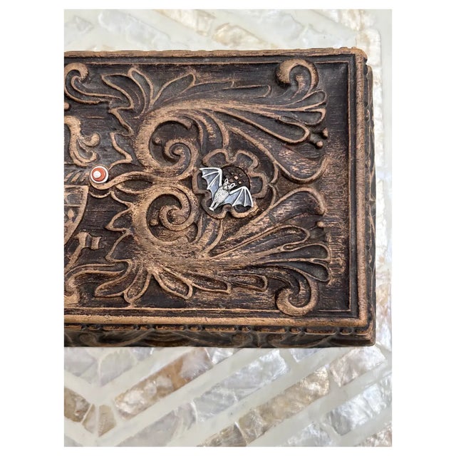 Ooak Antique Spanish Wood Box/Added Coral/Sterling Bats For Sale - Image 4 of 16
