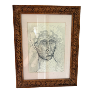 1980s Original Bust Drawing in Antique Carved Wood Frame