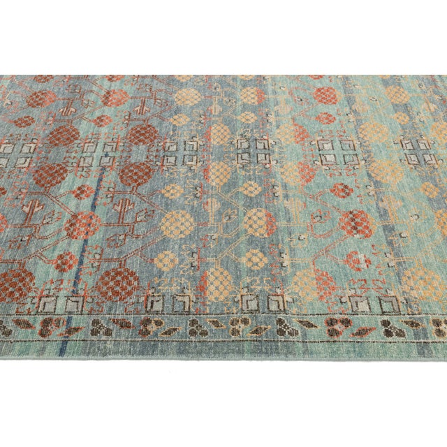 Textile 10x14 Modern Khotan Style Hand-Knotted Wool Area Rug – Teal, Rust & Ochre For Sale - Image 7 of 8