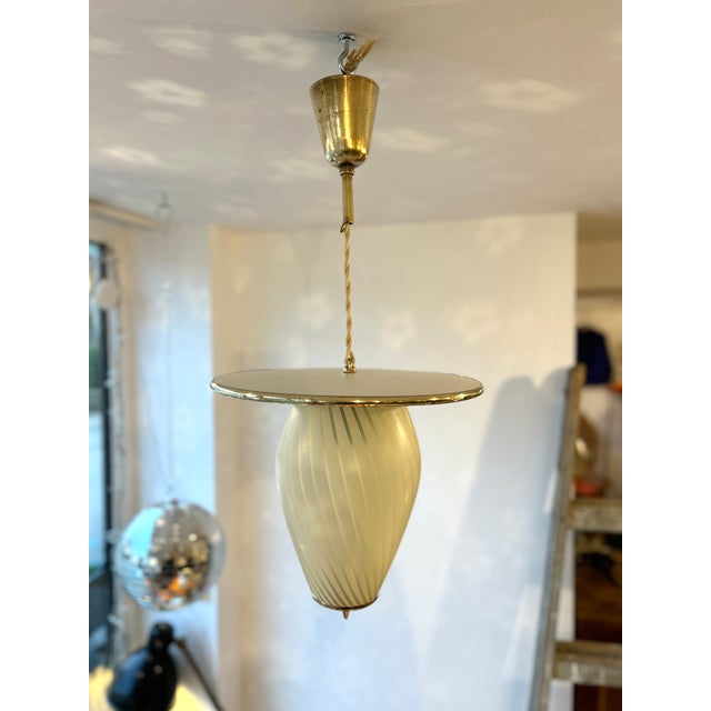 Metal Mid-Century Pendant Light in Brass and Opaline Glass, 1950s For Sale - Image 7 of 7