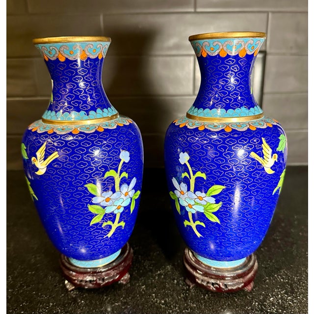 Chinese 2 Beautiful Vintage Blue Chinese Cloisonné Vases With Floral Motifs on Wooden Stands For Sale - Image 3 of 6
