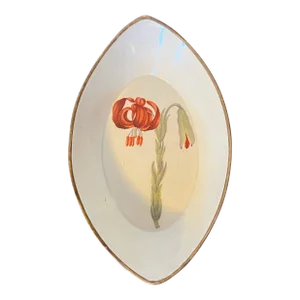 Antique 18th Century English Creamware Botanical Dessert Dish With Named Specimen Scarlet Marathon Lily
