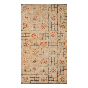 1930s Ivory Geometric Folk Art Antique American Hooked Rug 4' X 7'1" Handknotted Wool Carpet