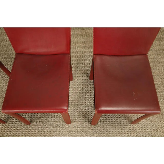 Mid-Century Modern Set of 4 Zanotta Burgundy Leather Dining Chairs, Italy, 1980s, Signed For Sale - Image 3 of 15