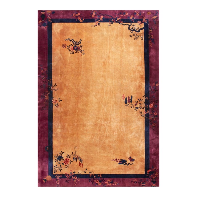 Beautiful Gold Background With Mesmerizing Blue-Purple Border Floral Antique Chinese Art Deco Rug For Sale