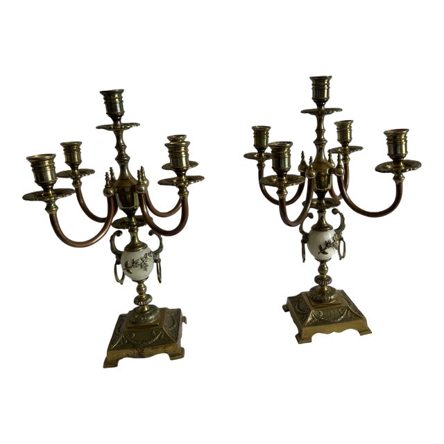 Pair of Mid 20th Century Brass, Copper & Onyx Candelabras For Sale