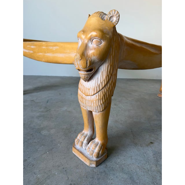 Vintage Egyptian Revival Hand-Carved Wood Lion Coffee Table With Inset Glass Top For Sale - Image 9 of 12