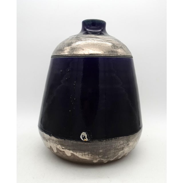 Cobalt Blue and Silver Glazed Ceramic Vase from Jules Guerin, Belgium, 1950s, in Very Good conditions. Designed 1950 to...