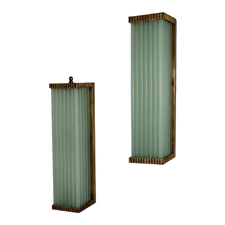 Vintage Art Deco Light Old Lamp Wall Sconces Fixture Brass & Opaline Green Glass Rod Ship Light - Pair