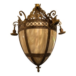 Vintage Large Brass and Leaded Panel Hanging Seven Light Urn For Sale