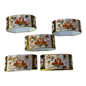1960s Royal Crown Derby Bone China 2451 Traditional Imari Napkin Rings- Set of 5