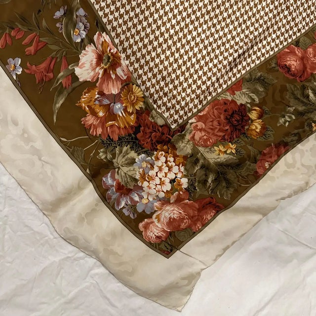 1980s Classic Floral & Houndstooth Design Silk Italian Square Scarf by Valentino For Sale - Image 14 of 14