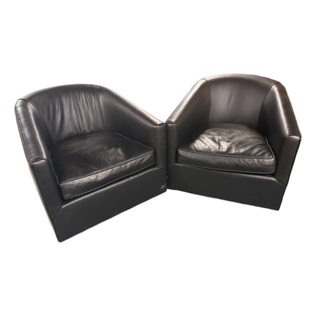 Restoration Hardware Collection Black Leather & Chrome Accent Swivel Chairs For Sale