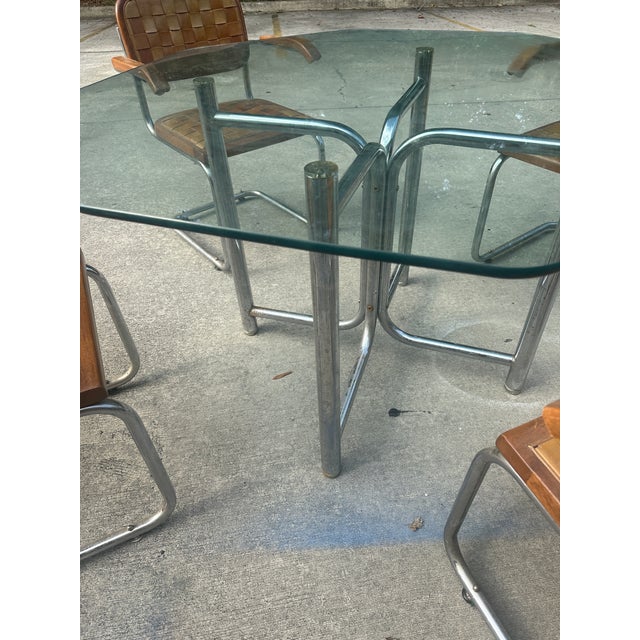 Vintage Chrome and Woven Leather Dining Set With Geometric Glass Top For Sale - Image 9 of 9