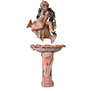 Early 20th Century Italian Mediterranean Terracotta Sculptural Bacchus Outdoor Wall Fountain With Shell Basin and Pedestal