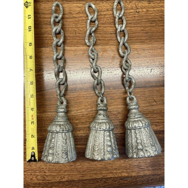 Set Of 3 antique Zinc-Coated Iron Tassels On Chains with beautiful patina. I imagine these are architectural salvage and...